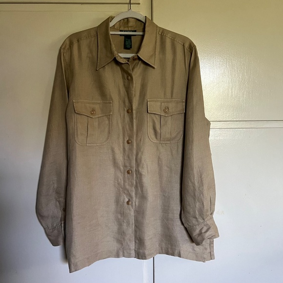 Lauren Ralph Lauren Tan Linen Long Sleeve Button Up Top Blouse Plus Size 16 - Picture 2 of 9
